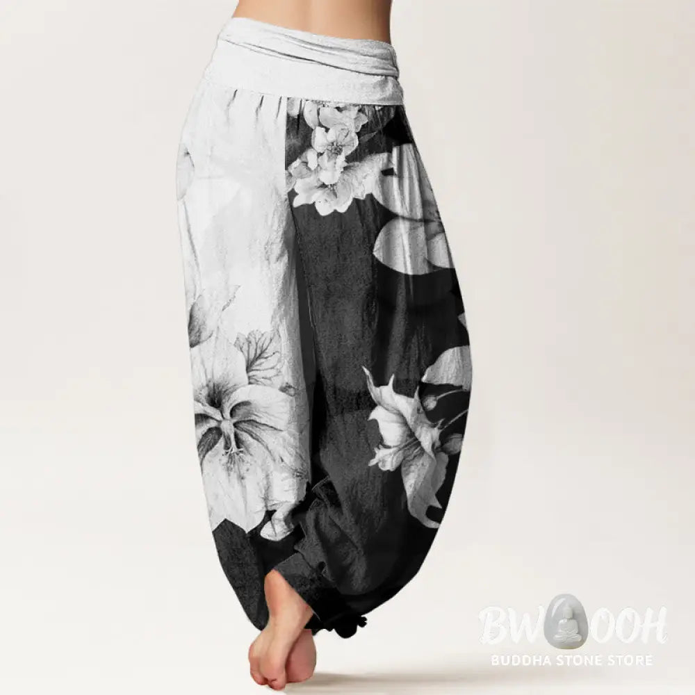Buddha Stones Cotton Camellia Pattern Women’s Elastic Waist Harem Pants - Women’s Harem Pants