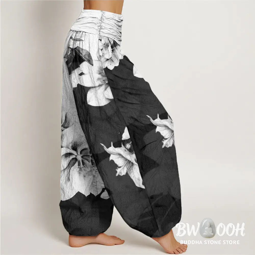 Buddha Stones Cotton Camellia Pattern Women’s Elastic Waist Harem Pants - Women’s Harem Pants