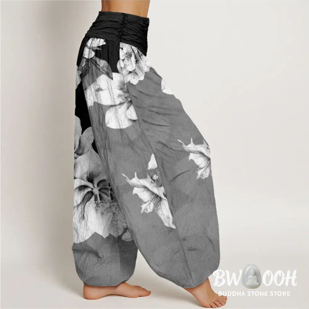 Buddha Stones Cotton Camellia Pattern Women’s Elastic Waist Harem Pants - Women’s Harem Pants