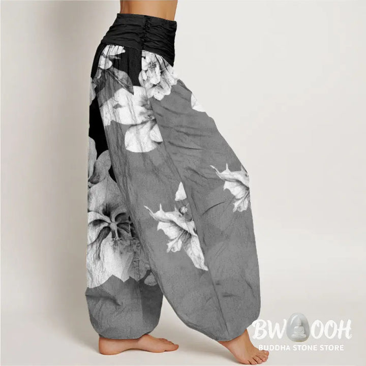 Buddha Stones Cotton Camellia Pattern Women’s Elastic Waist Harem Pants - Women’s Harem Pants