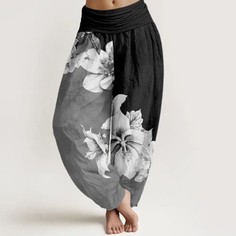Buddha Stones Cotton Camellia Pattern Women’s Elastic Waist Harem Pants - Black / US2，UK/AU6，EU34 (XS) - Women’s Harem