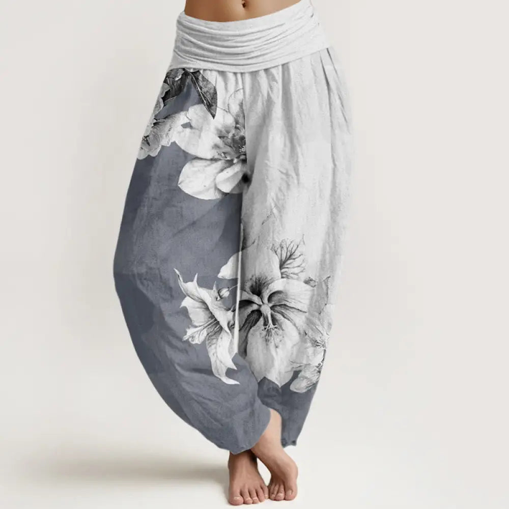 Buddha Stones Cotton Camellia Pattern Women’s Elastic Waist Harem Pants - Gainsboro / US2，UK/AU6，EU34 (XS) - Women’s