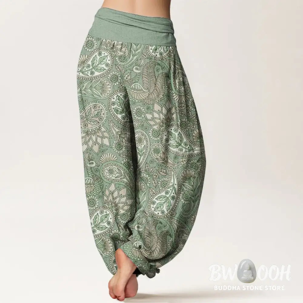 Buddha Stones Cotton Cashew Flower Peacock Sunflower Design Women’s Elastic Waist Harem Pants - Women’s Harem Pants