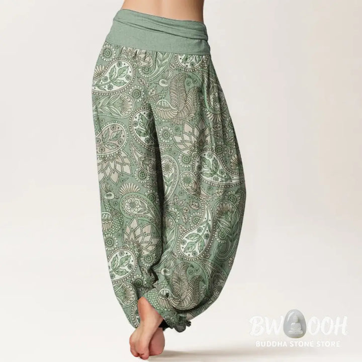 Buddha Stones Cotton Cashew Flower Peacock Sunflower Design Women’s Elastic Waist Harem Pants - Women’s Harem Pants