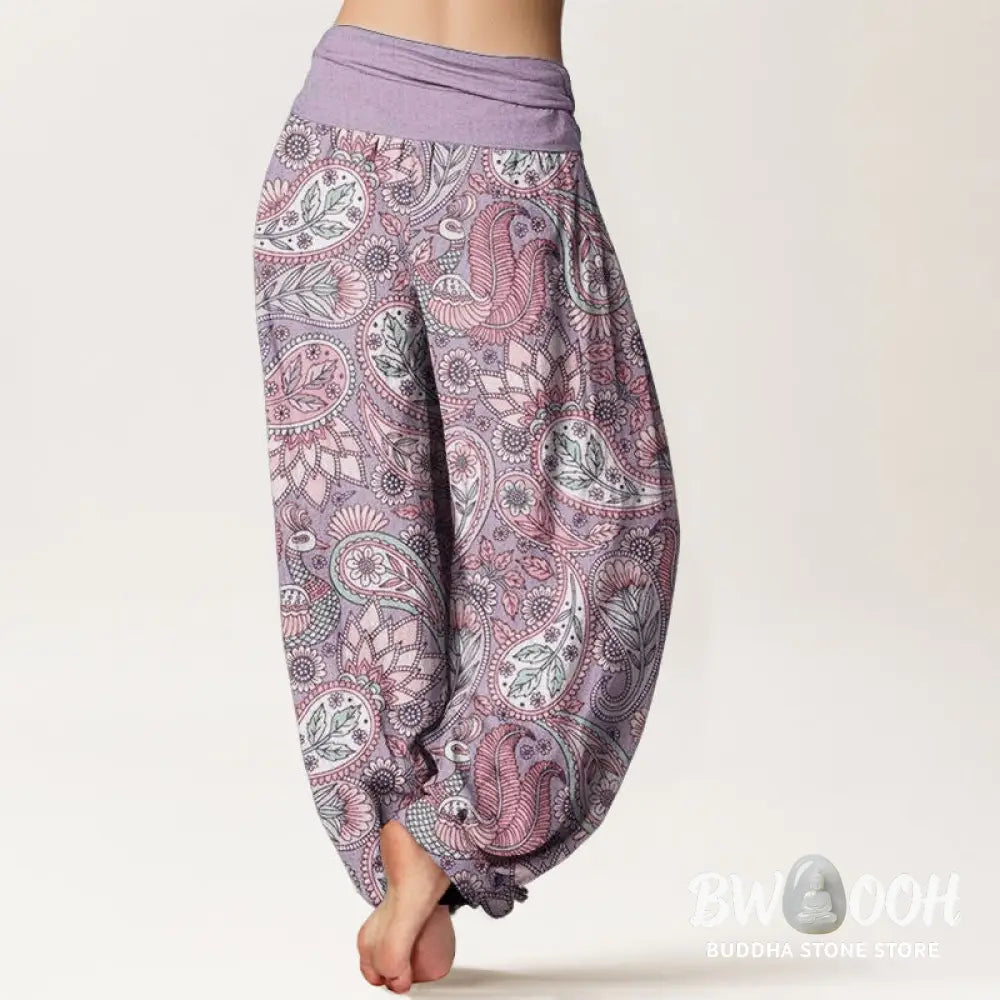 Buddha Stones Cotton Cashew Flower Peacock Sunflower Design Women’s Elastic Waist Harem Pants - Women’s Harem Pants