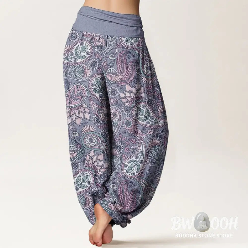 Buddha Stones Cotton Cashew Flower Peacock Sunflower Design Women’s Elastic Waist Harem Pants - Women’s Harem Pants