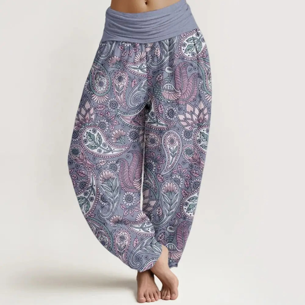 Buddha Stones Cotton Cashew Flower Peacock Sunflower Design Women’s Elastic Waist Harem Pants - CornflowerBlue
