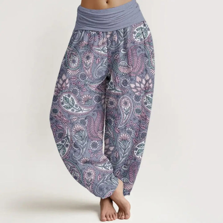 Buddha Stones Cotton Cashew Flower Peacock Sunflower Design Women’s Elastic Waist Harem Pants - CornflowerBlue