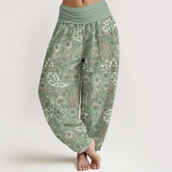 Buddha Stones Cotton Cashew Flower Peacock Sunflower Design Women’s Elastic Waist Harem Pants - MediumAquamarine