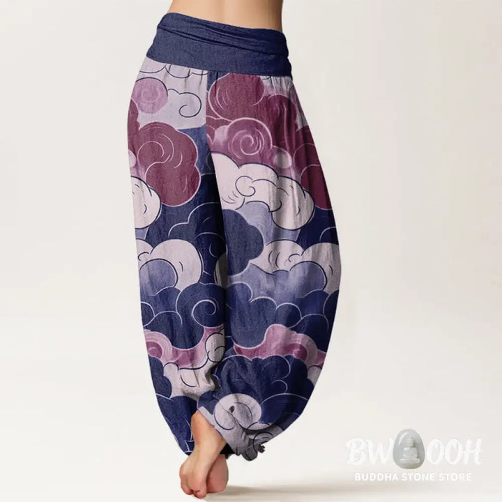 Buddha Stones Cotton Casual Auspicious Clouds Pattern Women’s Elastic Waist Harem Pants - Women’s Harem Pants
