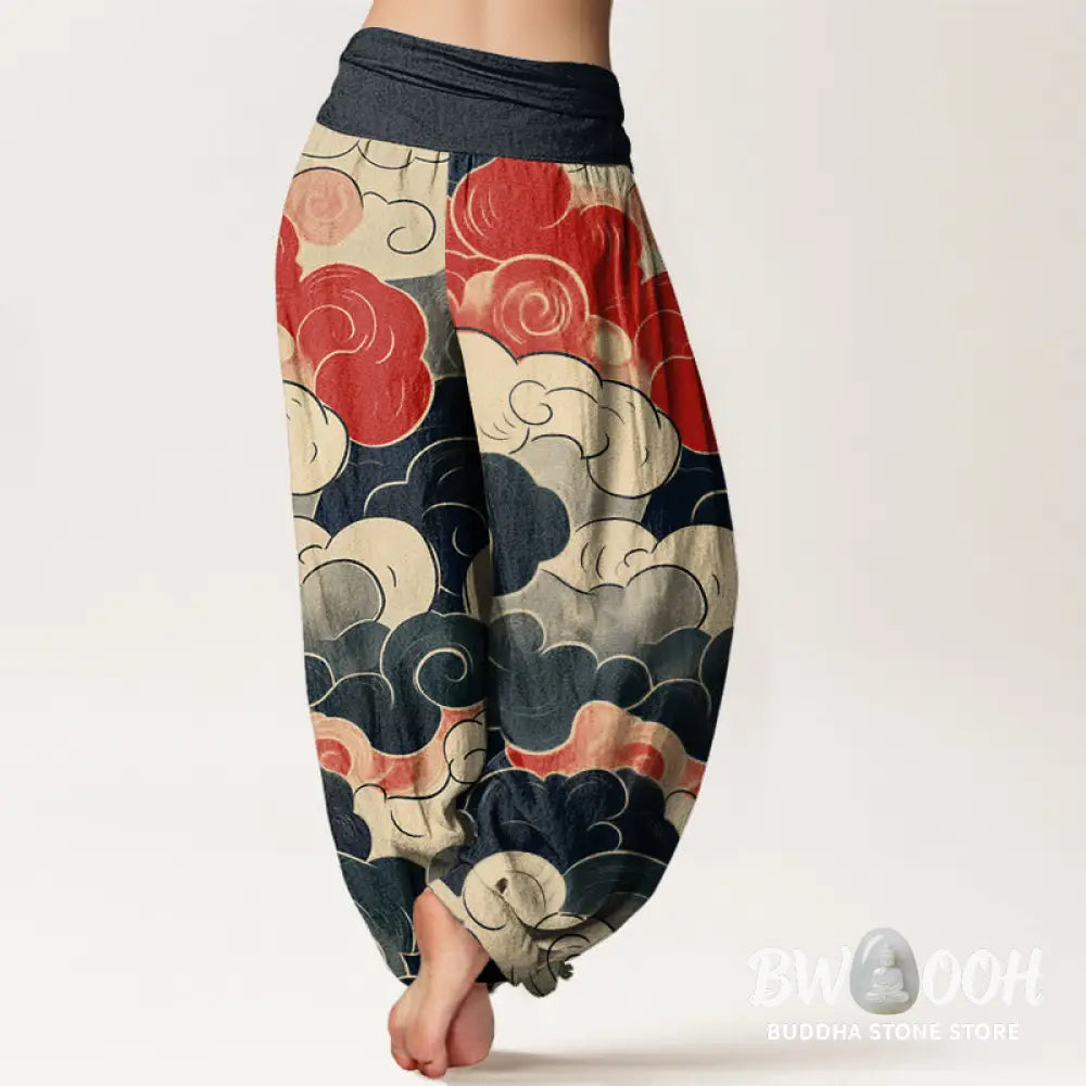 Buddha Stones Cotton Casual Auspicious Clouds Pattern Women’s Elastic Waist Harem Pants - Women’s Harem Pants