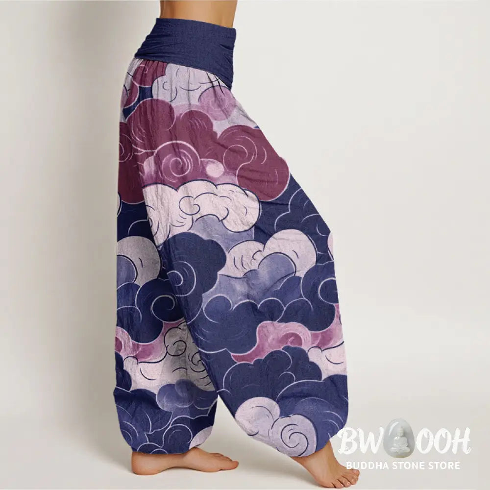 Buddha Stones Cotton Casual Auspicious Clouds Pattern Women’s Elastic Waist Harem Pants - Women’s Harem Pants