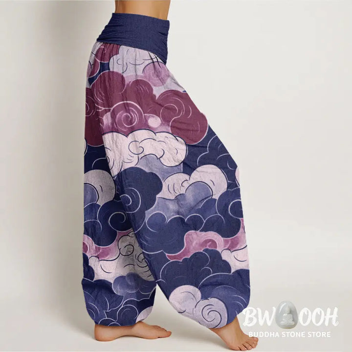 Buddha Stones Cotton Casual Auspicious Clouds Pattern Women’s Elastic Waist Harem Pants - Women’s Harem Pants