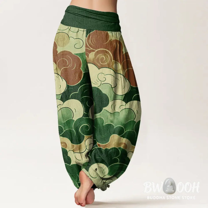 Buddha Stones Cotton Casual Auspicious Clouds Pattern Women’s Elastic Waist Harem Pants - Women’s Harem Pants