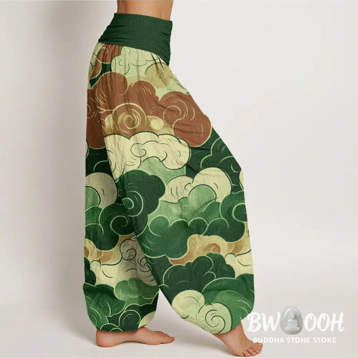 Buddha Stones Cotton Casual Auspicious Clouds Pattern Women’s Elastic Waist Harem Pants - Women’s Harem Pants
