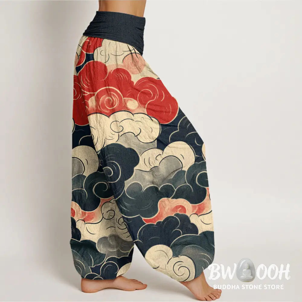 Buddha Stones Cotton Casual Auspicious Clouds Pattern Women’s Elastic Waist Harem Pants - Women’s Harem Pants