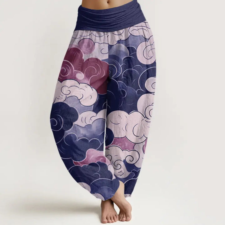 Buddha Stones Cotton Casual Auspicious Clouds Pattern Women’s Elastic Waist Harem Pants - DarkSlateBlue