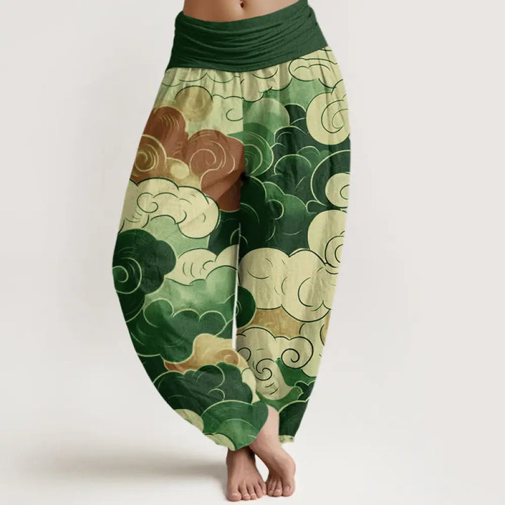 Buddha Stones Cotton Casual Auspicious Clouds Pattern Women’s Elastic Waist Harem Pants - Green / US2，UK/AU6，EU34 (XS)