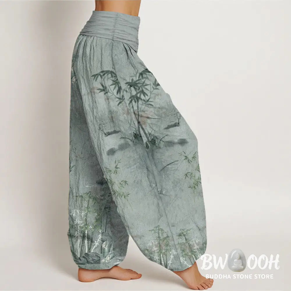 Buddha Stones Cotton Casual Bamboo Rock Ink Painting Women’s Elastic Waist Harem Pants - Women’s Harem Pants
