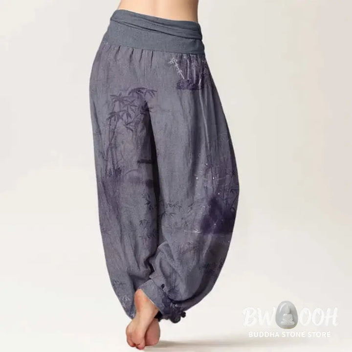 Buddha Stones Cotton Casual Bamboo Rock Ink Painting Women’s Elastic Waist Harem Pants - Women’s Harem Pants