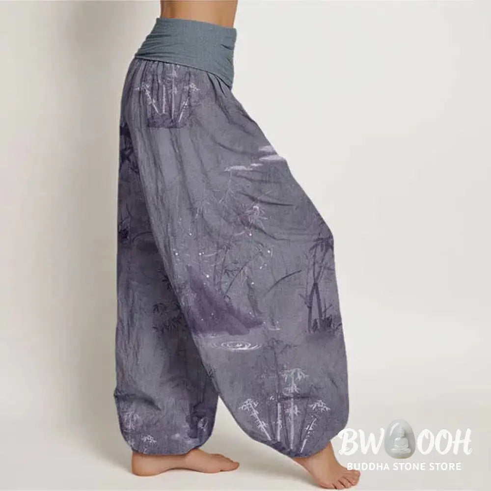 Buddha Stones Cotton Casual Bamboo Rock Ink Painting Women’s Elastic Waist Harem Pants - Women’s Harem Pants
