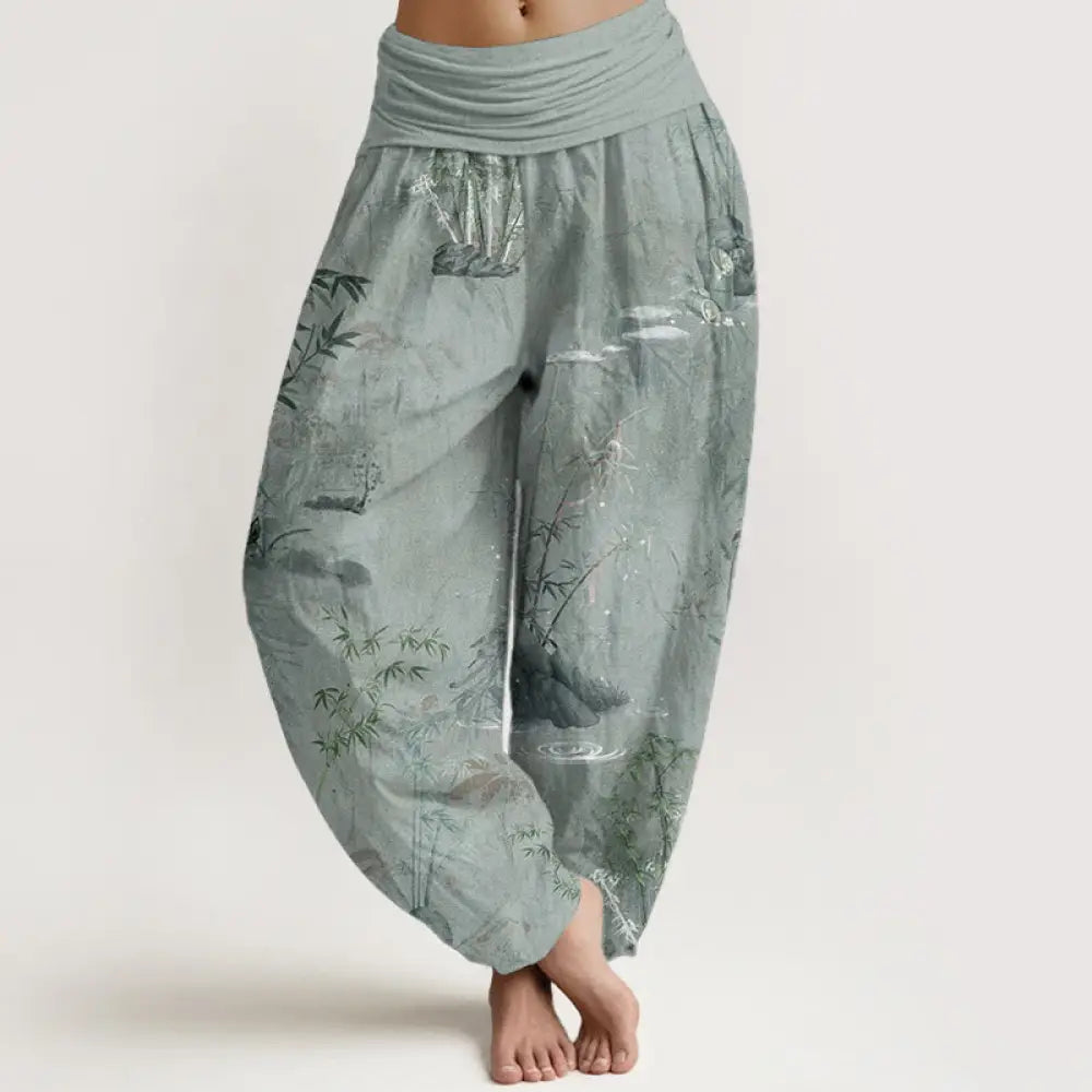 Buddha Stones Cotton Casual Bamboo Rock Ink Painting Women’s Elastic Waist Harem Pants - DarkSeaGreen / US2，UK/AU6，EU34