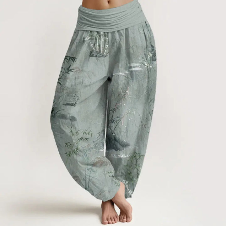 Buddha Stones Cotton Casual Bamboo Rock Ink Painting Women’s Elastic Waist Harem Pants - DarkSeaGreen / US2，UK/AU6，EU34