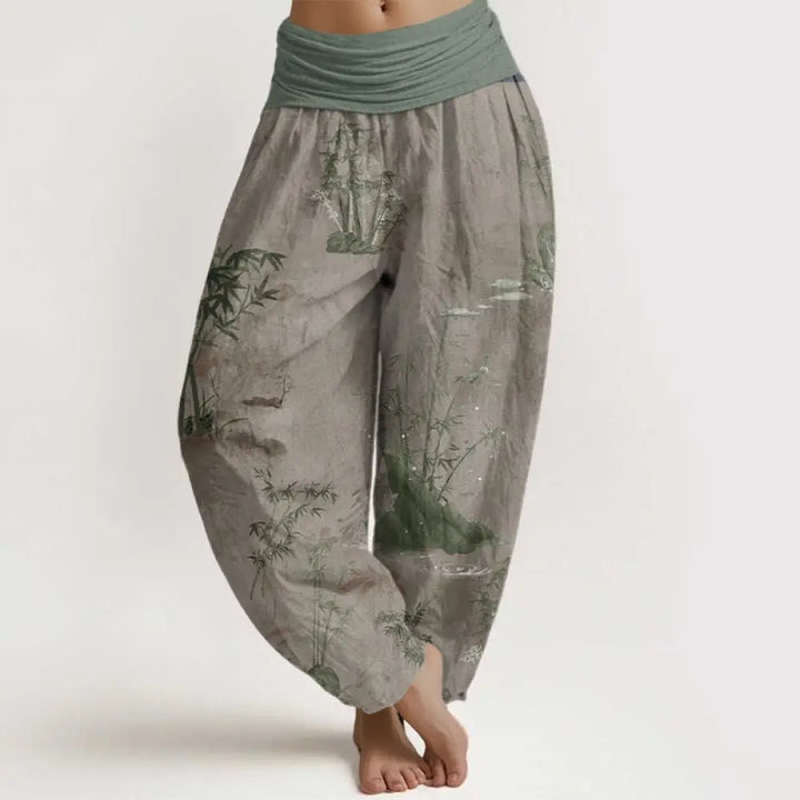 Buddha Stones Cotton Casual Bamboo Rock Ink Painting Women’s Elastic Waist Harem Pants - Tan / US2，UK/AU6，EU34 (XS)