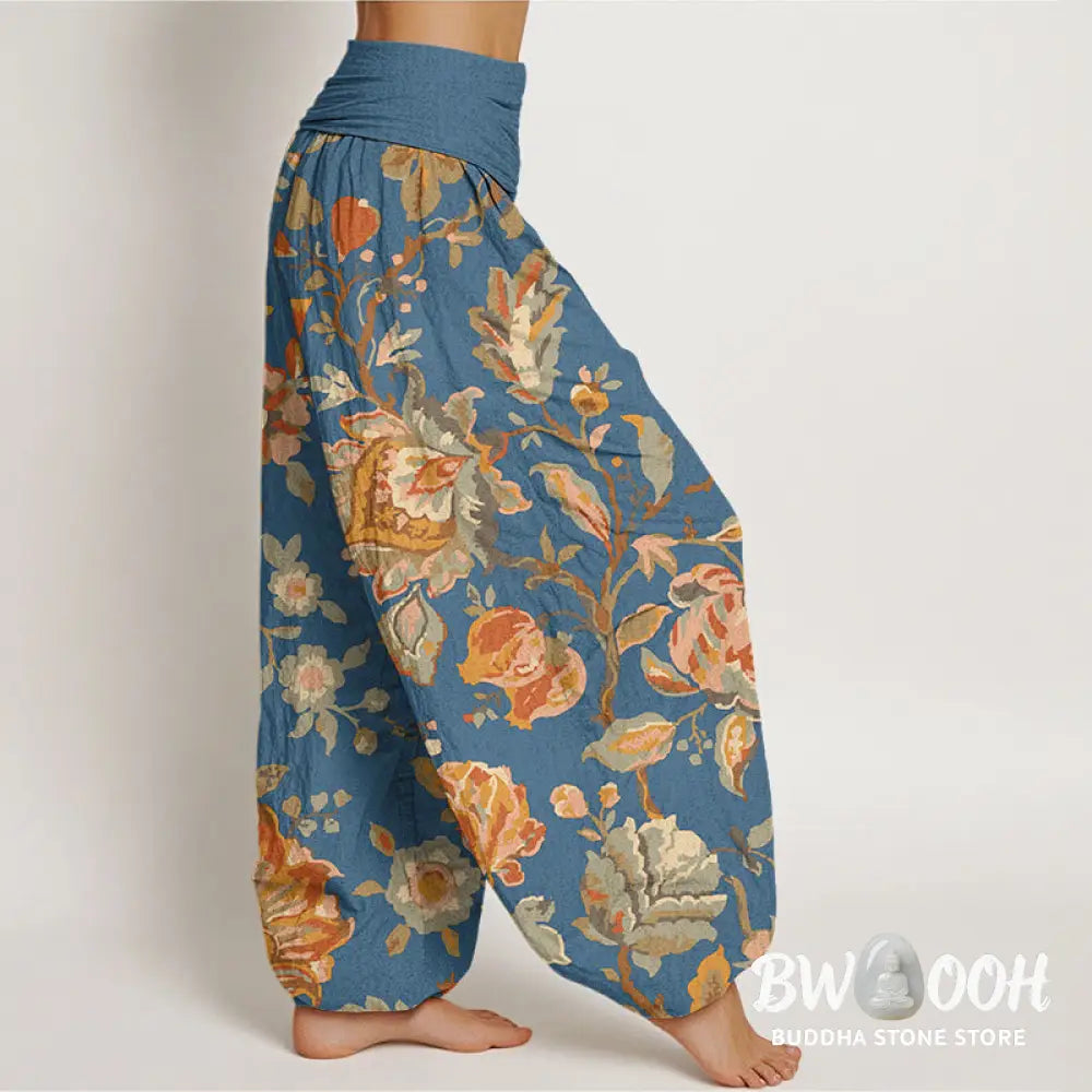 Buddha Stones Cotton Casual Blooming Flowers Buds Design Women’s Elastic Waist Harem Pants - Women’s Harem Pants