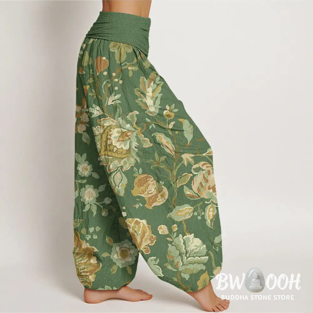 Buddha Stones Cotton Casual Blooming Flowers Buds Design Women’s Elastic Waist Harem Pants - Women’s Harem Pants