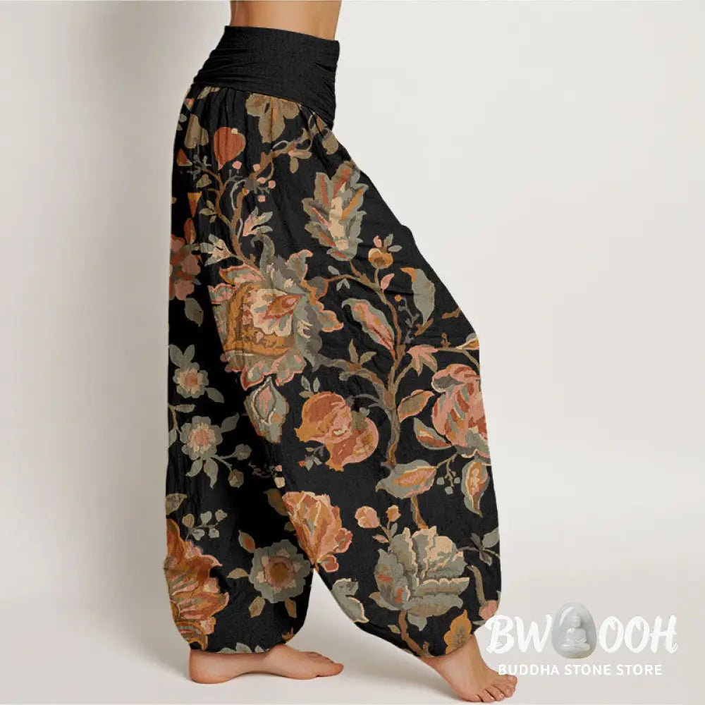 Buddha Stones Cotton Casual Blooming Flowers Buds Design Women’s Elastic Waist Harem Pants - Women’s Harem Pants