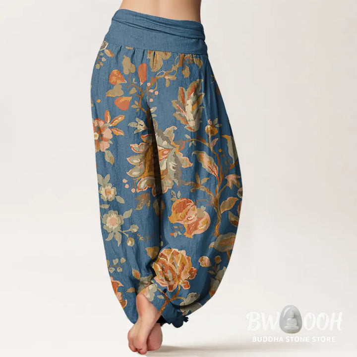 Buddha Stones Cotton Casual Blooming Flowers Buds Design Women’s Elastic Waist Harem Pants - Women’s Harem Pants