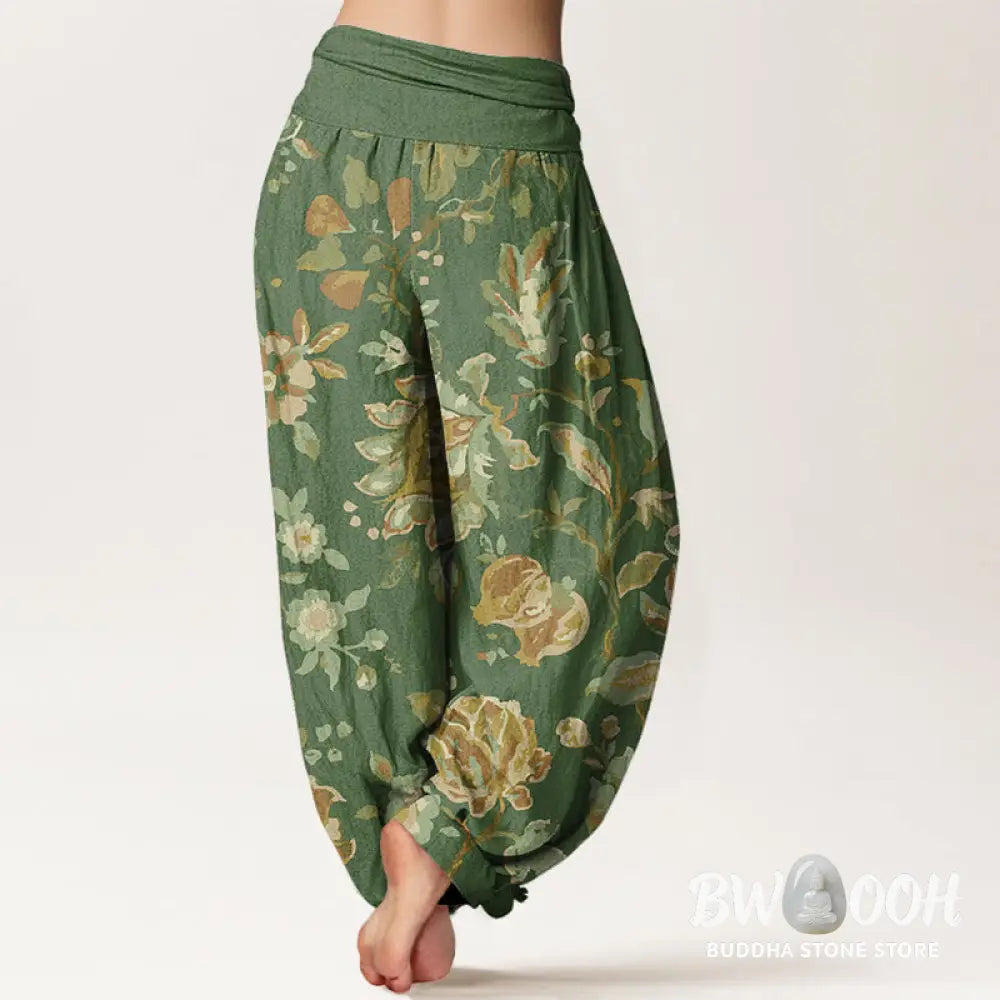 Buddha Stones Cotton Casual Blooming Flowers Buds Design Women’s Elastic Waist Harem Pants - Women’s Harem Pants