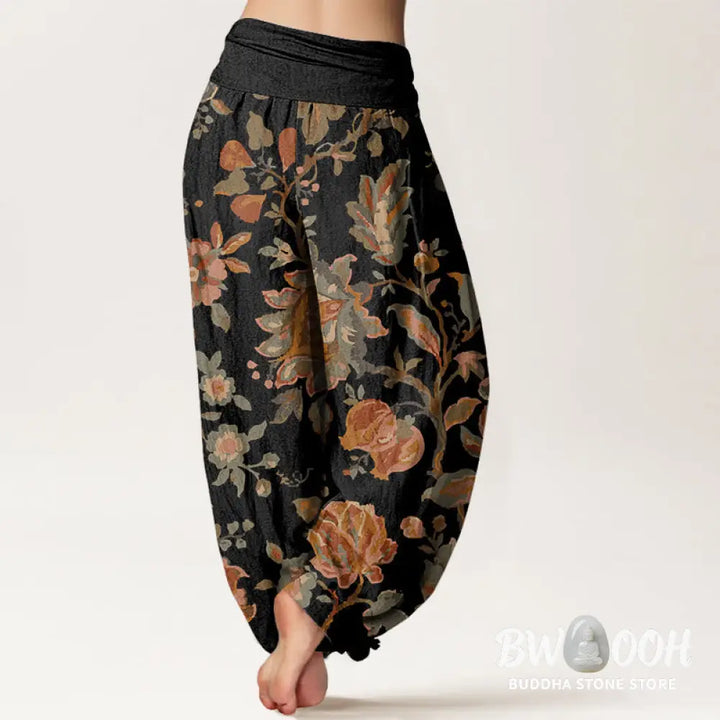 Buddha Stones Cotton Casual Blooming Flowers Buds Design Women’s Elastic Waist Harem Pants - Women’s Harem Pants