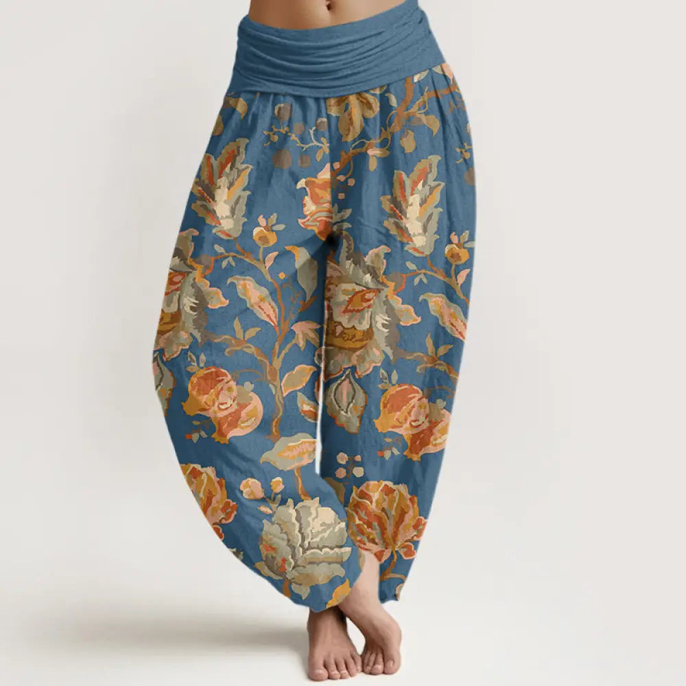 Buddha Stones Cotton Casual Blooming Flowers Buds Design Women’s Elastic Waist Harem Pants - CornflowerBlue