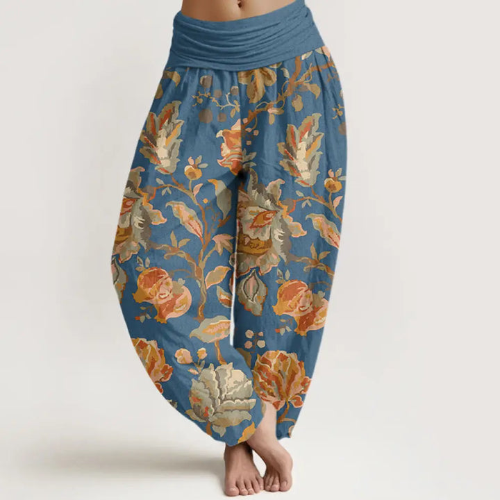 Buddha Stones Cotton Casual Blooming Flowers Buds Design Women’s Elastic Waist Harem Pants - CornflowerBlue