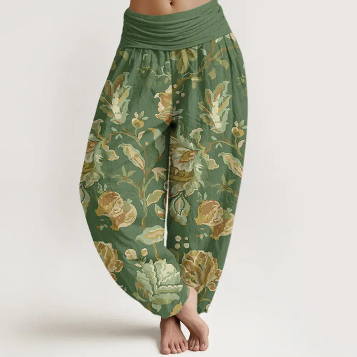 Buddha Stones Cotton Casual Blooming Flowers Buds Design Women’s Elastic Waist Harem Pants - DarkSeaGreen