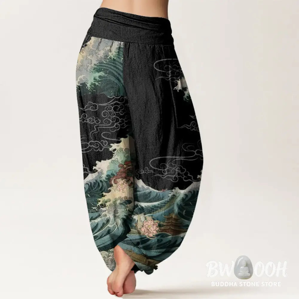 Buddha Stones Cotton Casual Blooming Lotuse Wave Pavilion Pattern Women’s Elastic Waist Harem Pants - Women’s Harem