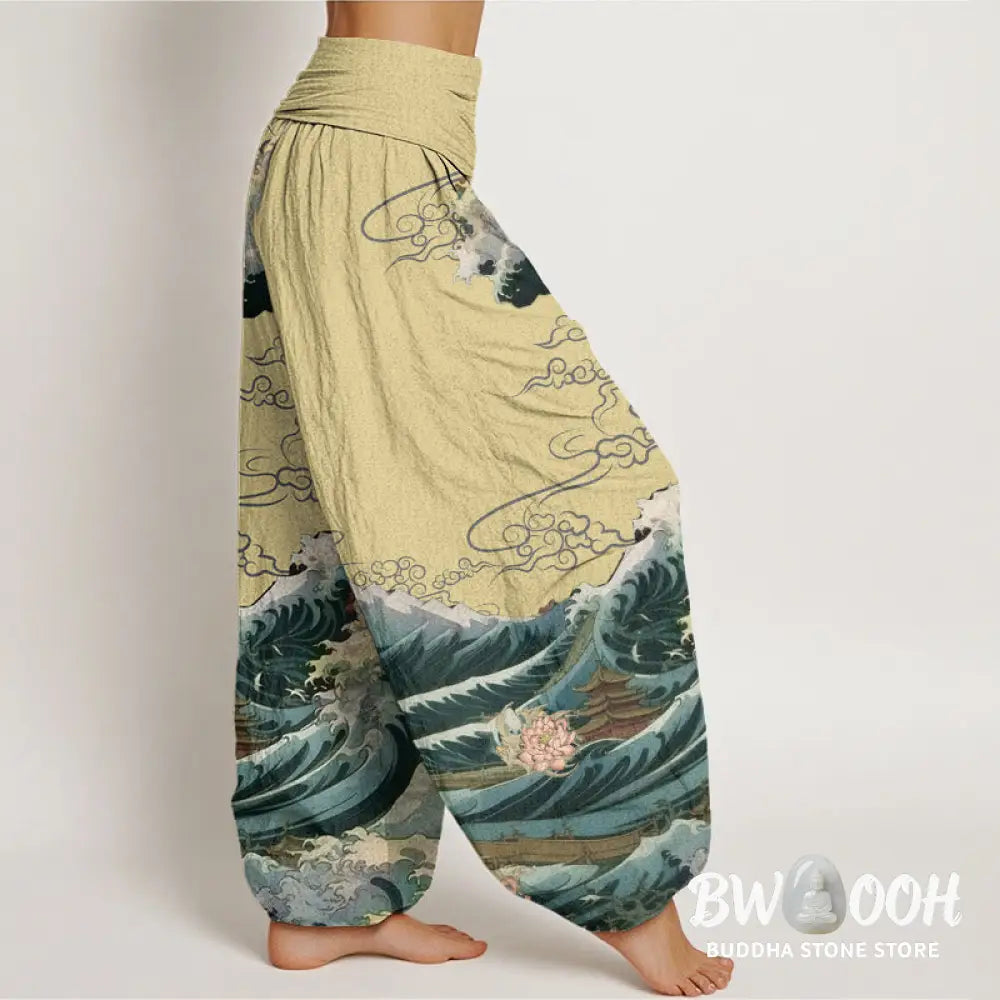 Buddha Stones Cotton Casual Blooming Lotuse Wave Pavilion Pattern Women’s Elastic Waist Harem Pants - Women’s Harem
