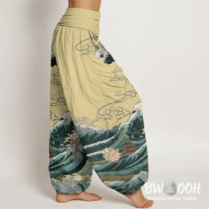 Buddha Stones Cotton Casual Blooming Lotuse Wave Pavilion Pattern Women’s Elastic Waist Harem Pants - Women’s Harem