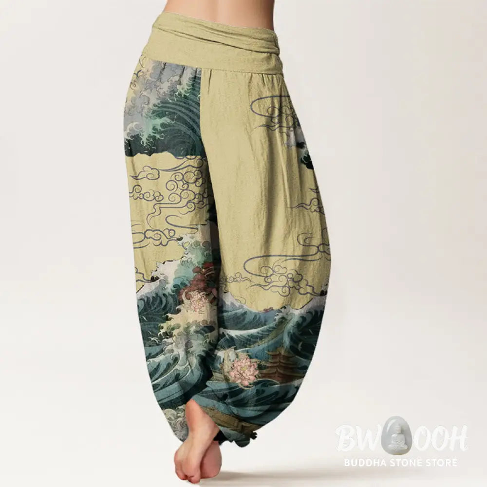 Buddha Stones Cotton Casual Blooming Lotuse Wave Pavilion Pattern Women’s Elastic Waist Harem Pants - Women’s Harem