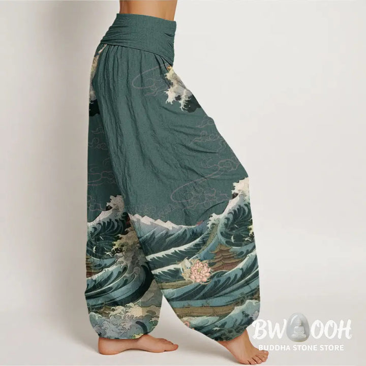 Buddha Stones Cotton Casual Blooming Lotuse Wave Pavilion Pattern Women’s Elastic Waist Harem Pants - Women’s Harem
