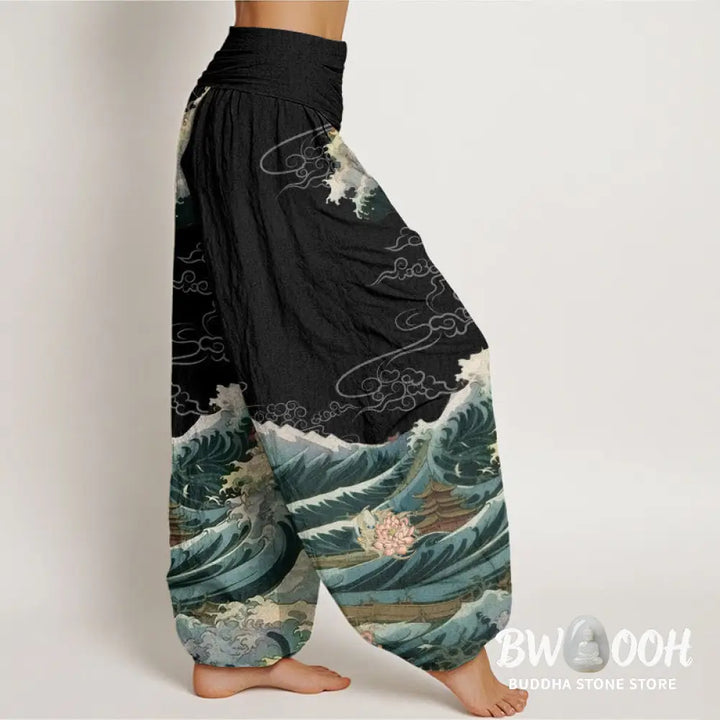 Buddha Stones Cotton Casual Blooming Lotuse Wave Pavilion Pattern Women’s Elastic Waist Harem Pants - Women’s Harem