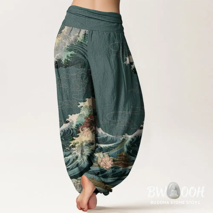 Buddha Stones Cotton Casual Blooming Lotuse Wave Pavilion Pattern Women’s Elastic Waist Harem Pants - Women’s Harem
