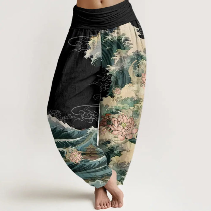 BWOOOH lotus print harem pants - Cotton Casual Blooming Lotuse Wave Pavil