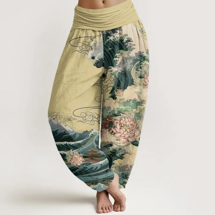 Buddha Stones Cotton Casual Blooming Lotuse Wave Pavilion Pattern Women’s Elastic Waist Harem Pants - Khaki