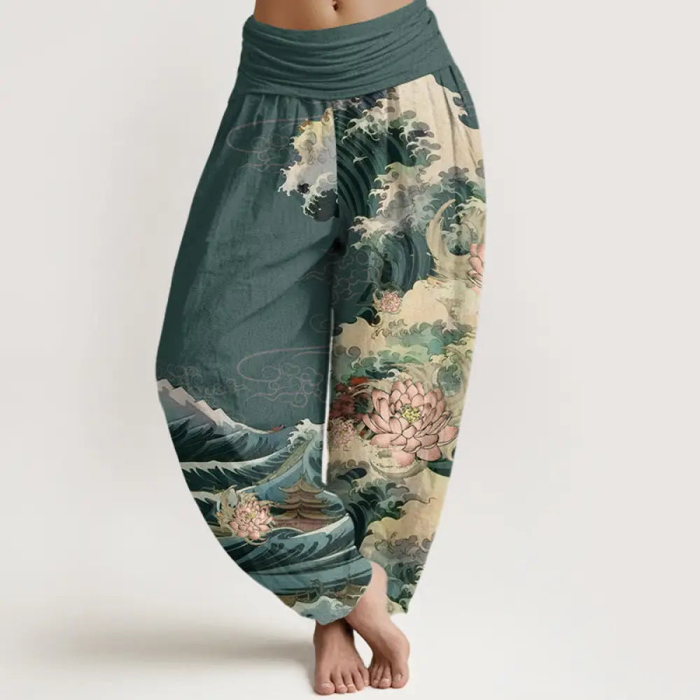 Buddha Stones Cotton Casual Blooming Lotuse Wave Pavilion Pattern Women’s Elastic Waist Harem Pants - SeaGreen