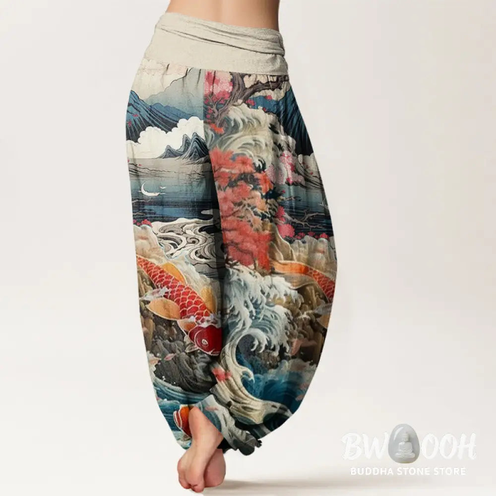 Buddha Stones Cotton Casual Blossoming Tree Koi Fish Wave Mountain Pattern Women’s Elastic Waist Harem Pants - Women’s
