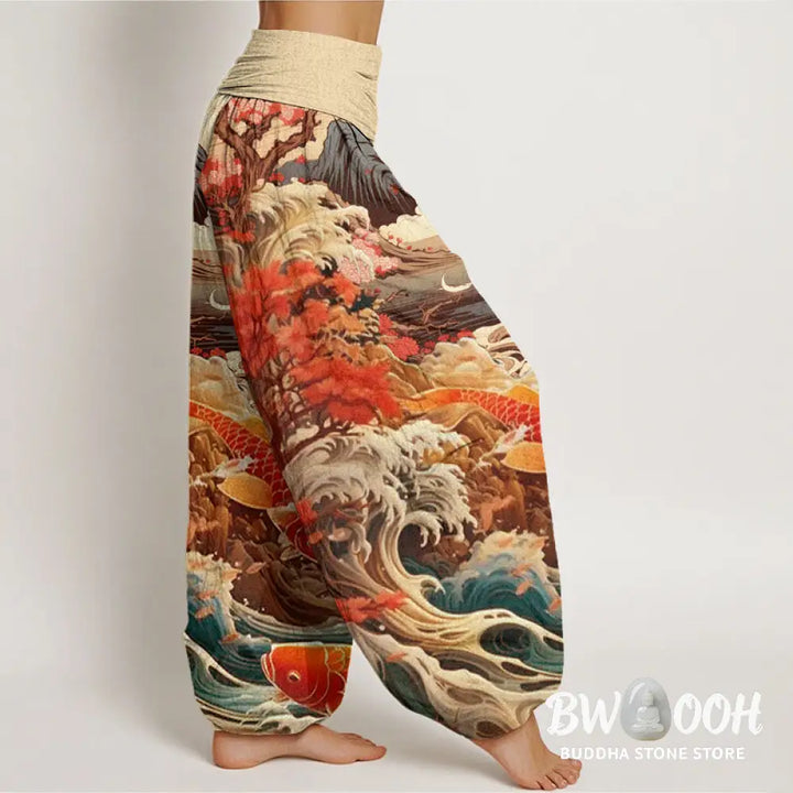 Buddha Stones Cotton Casual Blossoming Tree Koi Fish Wave Mountain Pattern Women’s Elastic Waist Harem Pants - Women’s