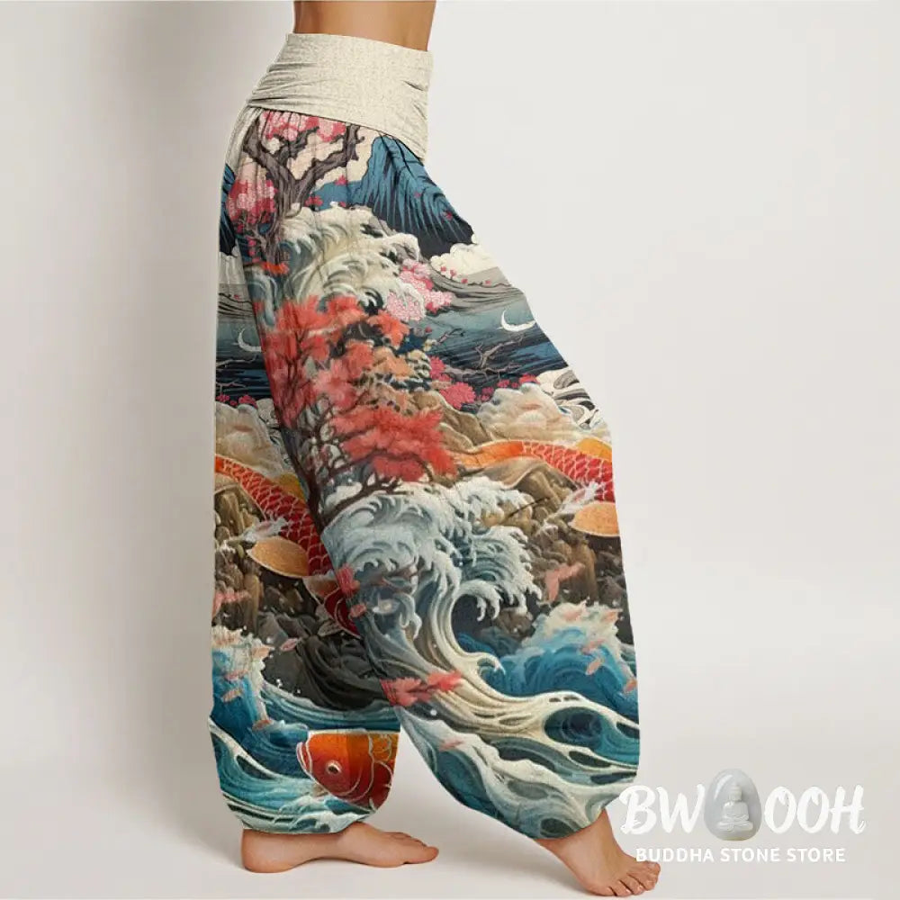 Buddha Stones Cotton Casual Blossoming Tree Koi Fish Wave Mountain Pattern Women’s Elastic Waist Harem Pants - Women’s